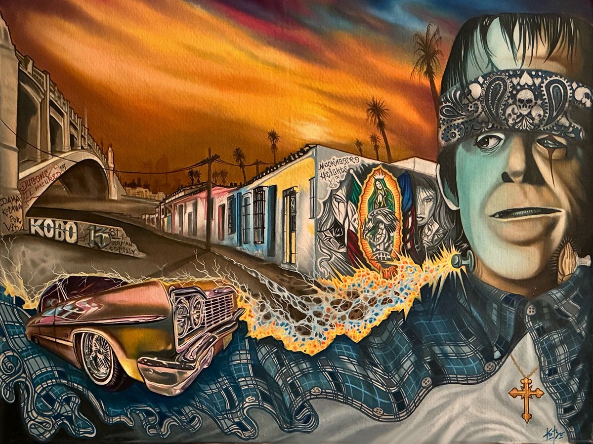 A painting of frankensteins monster dressed as a cholo