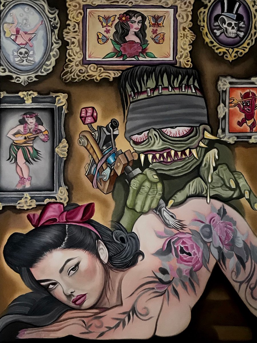 A monster tattoo's a pretty woman