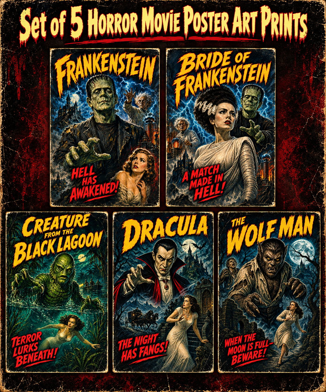 SET OF 5 HORROR MOVIE POSTER ART PRINTS